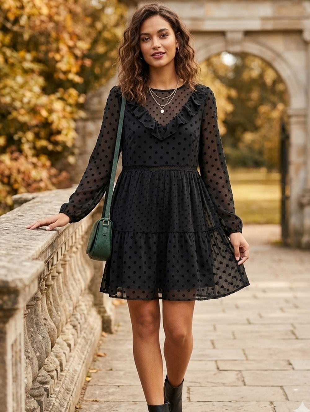 Zara Black Polka Dot Mesh Mini Dress Ruffle Flirty Romantic Long Sleeve Size M
